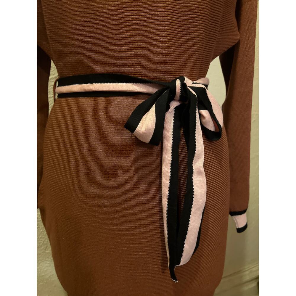 Off the Shoulder Boat Neck Contrast Long Sleeve Knit Belted Sweater Dress Size M - Picture 6 of 14